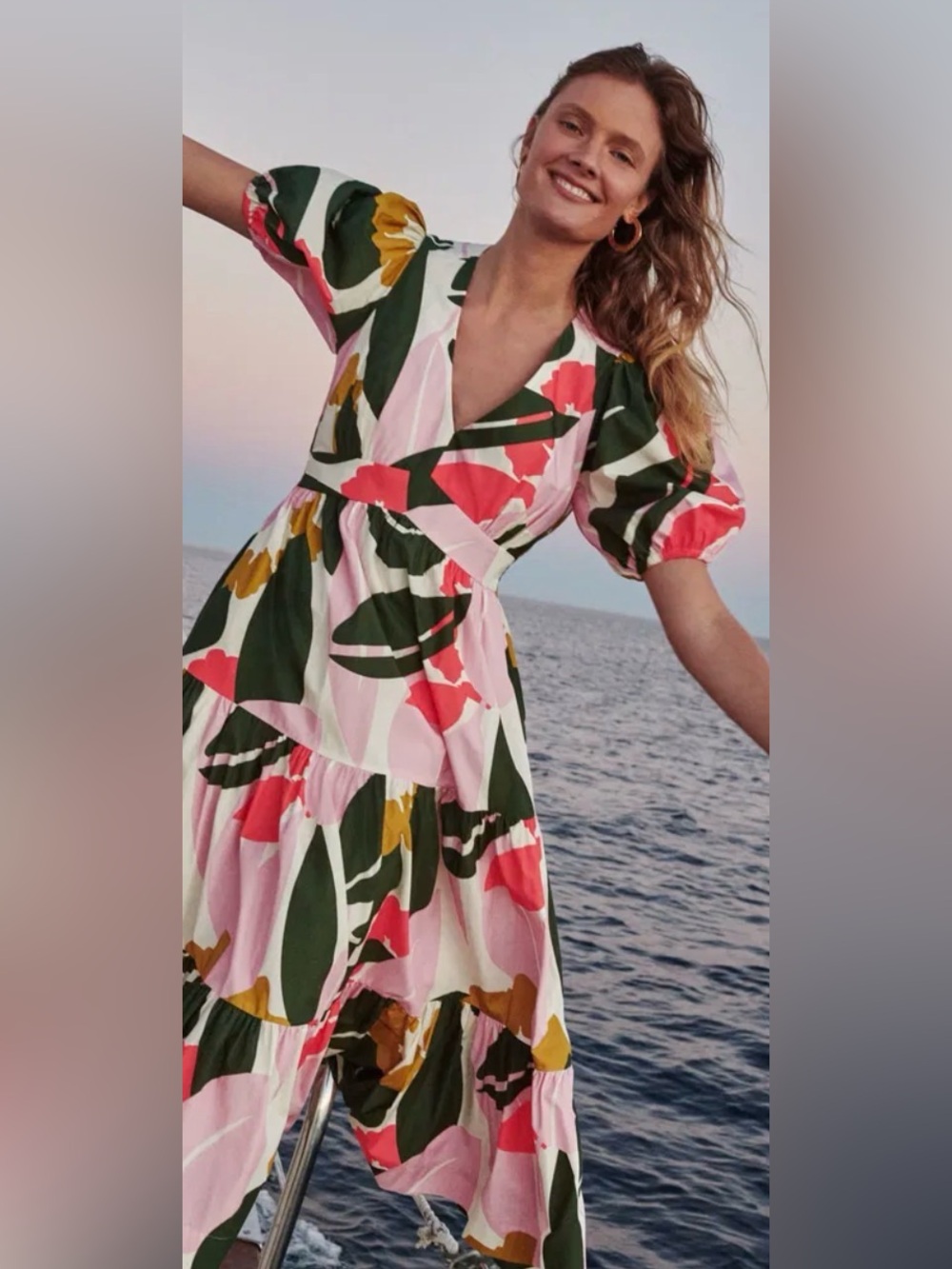 Boden Floral V-Neck Tiered Midi Dress - Pink & Olive